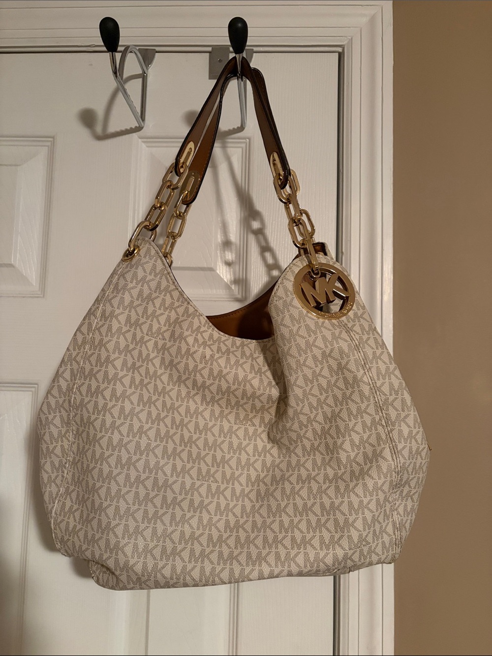 Michael Kors Cream Beige MK Logo Shoulder Hobo with Gold Hardware